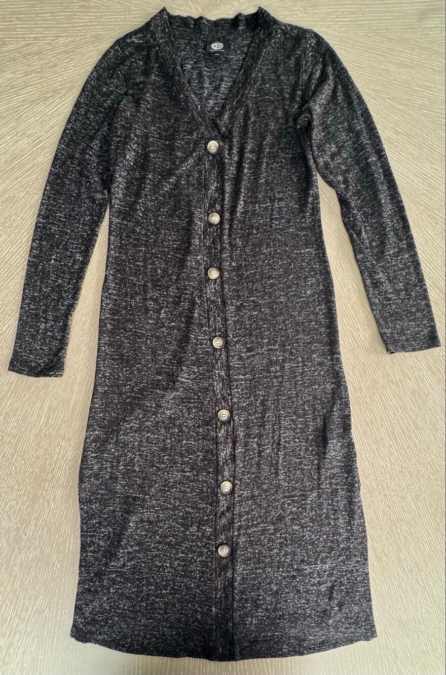 Bobeau Charcoal Gray Heathered V-Neck Faux Button Cardigan Sweater Midi Dress XS
